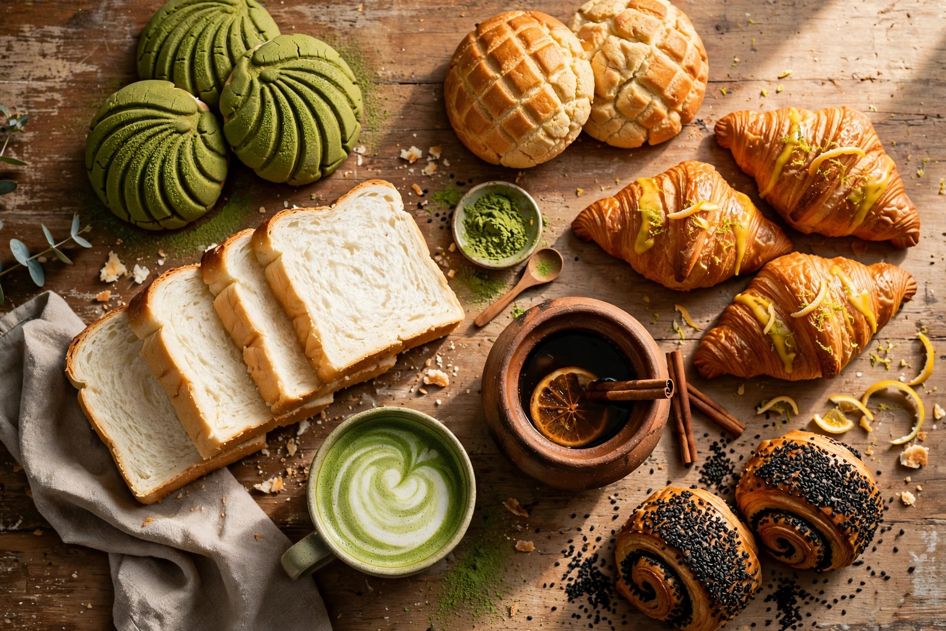 Matcha conchas, melonpan, shokupan, yuzu croissants, black sesame rolls, matcha latte, and café de olla