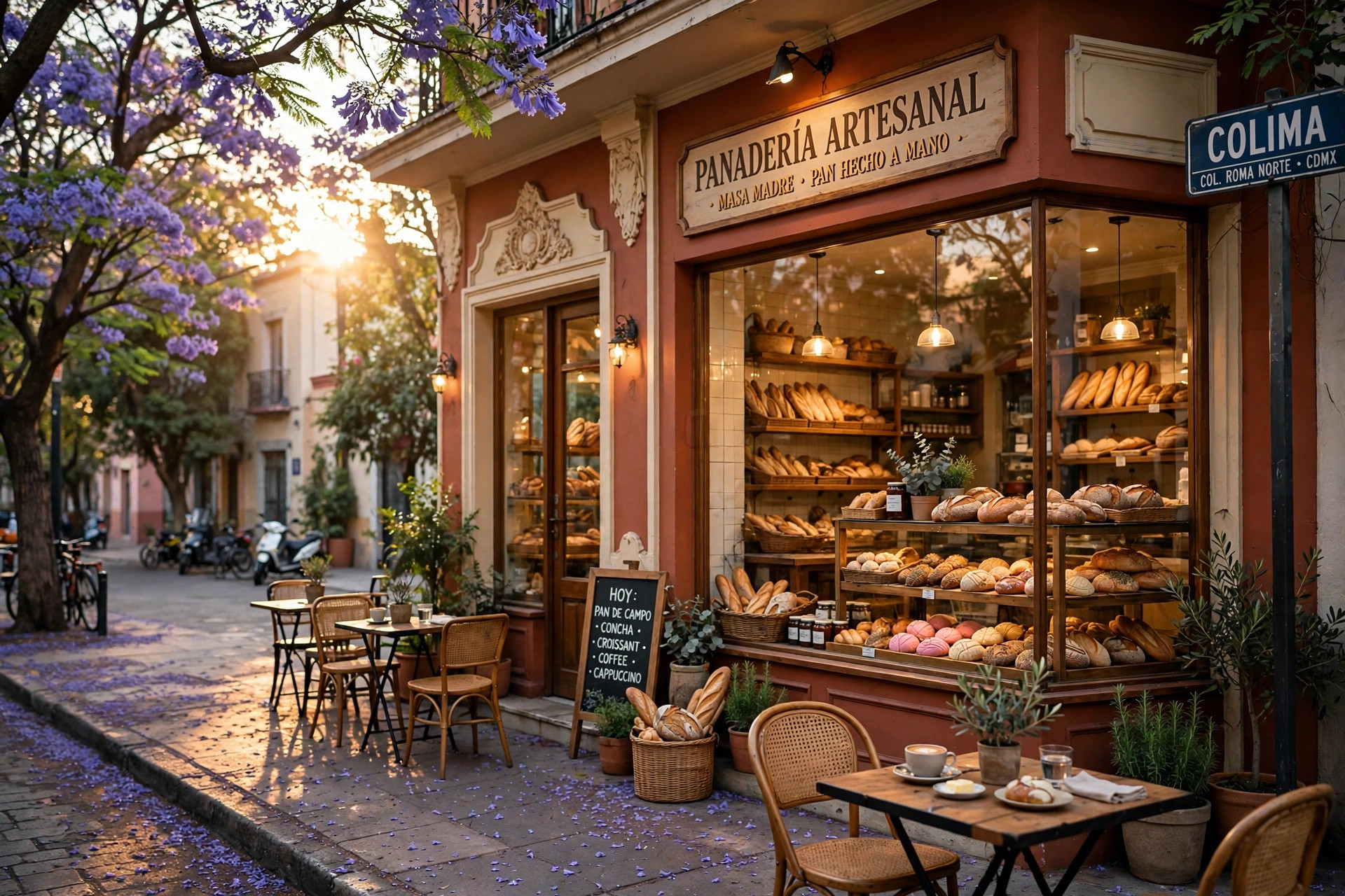 Pan Brent storefront on Calle Colima in Roma Norte at golden hour